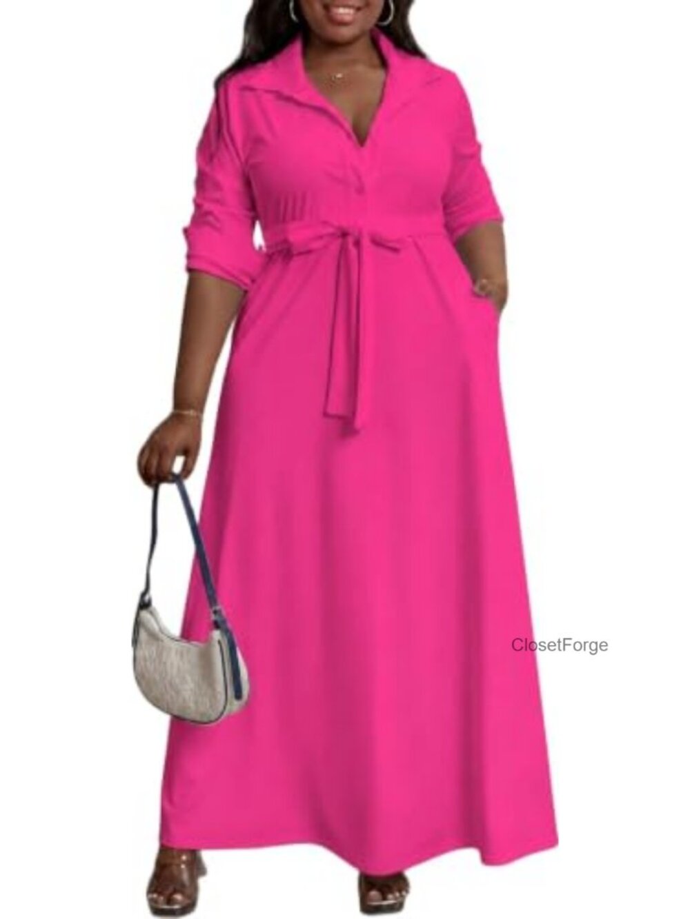 Plus Size Maxi Shirt Dress Long Sleeve Belted with Pockets